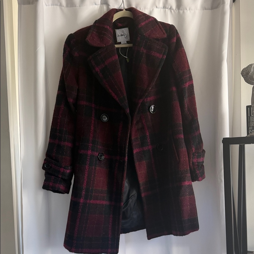 Sam Edelman Burgundy and Black Plaid Double-Breasted Pea Coat